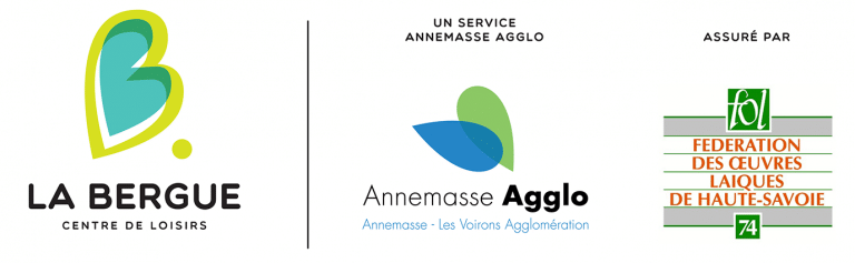 Logos du centre de Loisirs La Bergue, d'Annemasse Agglo et de la Fédération des Œuvres Laïques de Haute-Savoie